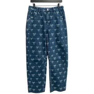 Entro NWT Bow Print Jeans Women L Wide Leg Barrel Denim Coquette Girly Cottage